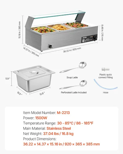 Vista 7 de VEVOR Calentador de Alimentos Comercial, Calentador de Alimentos al Vapor Eléctrico de Acero Inoxidable de 1500W con Tapa de Vidrio, Baño María