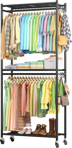 Vista 14 de Sakugi Perchero para ropa – Perchero doble para colgar ropa con ruedas y pies niveladores, armario de gran capacidad con estantes para dormitorio