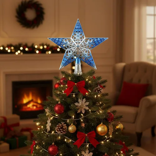 Vista 6 de BinaryABC Estrella para árbol de Navidad, adornos colgantes para árbol de Navidad, purpurina hueca (azul plateado)