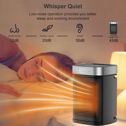 Vista 4 de Calentador de espacio portátil pequeño para uso en interiores, calentador eléctrico VOCRS PTC de 1500 W con termostato, control remoto, temporizador