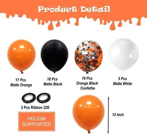 Vista 2 de Globos de látex para fiesta de Halloween de 12 pulgadas con confeti para celebración, fiesta, bar, aniversario, decoración, color negro, naranja