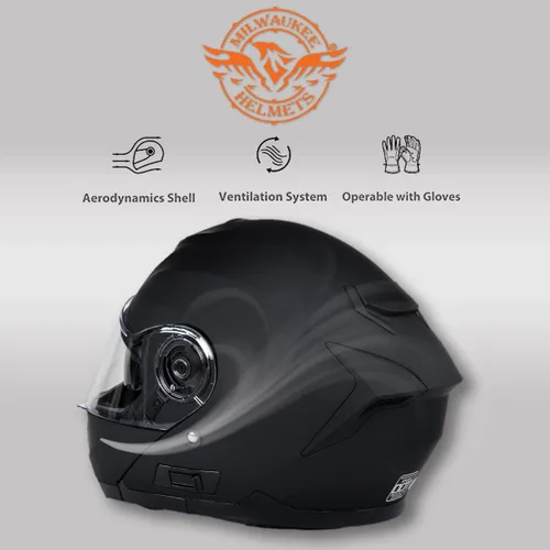 Vista 6 de Milwaukee Helmets Breeze - Casco modular de motocicleta plano negro avanzado con visera desplegable aprobado por DOT MPH9814DOT - XS