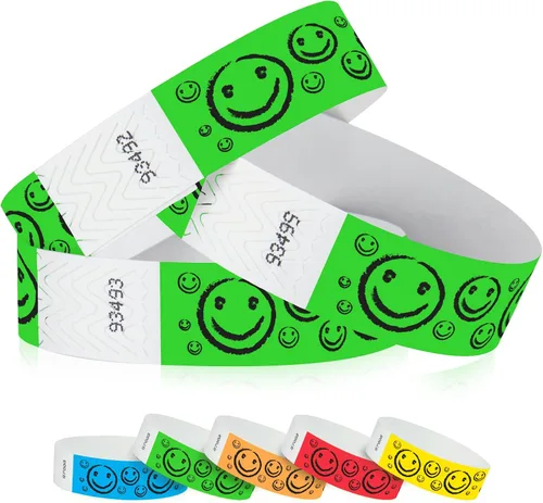 Vista 6 de 200 pulseras Tyvek de Wristco con cara sonriente azul neón para eventos, ¾ x 10 pulgadas, impermeables, reciclables, cómodas, resistentes a