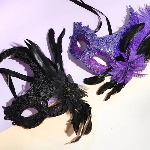 Vista 7 de Máscara de plumas veneciana para mujer, para cosplay, fiesta, Halloween, Mardi Gras, máscara de Navidad