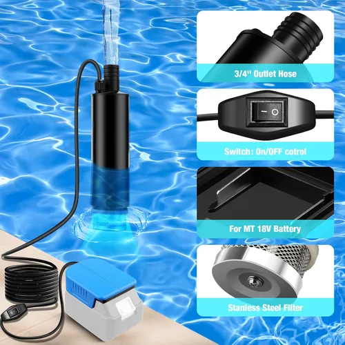 Vista 4 de Bomba de agua sumergible para batería Makita de 18 V, 635 GPH 100 W, bomba de transferencia de agua inalámbrica para tina, estanque, jardín
