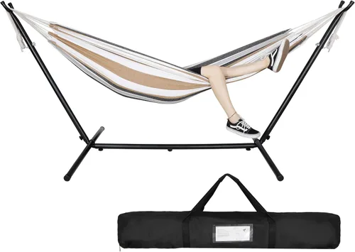 Vista 5 de SUPER DEAL Hamaca portátil para 2 personas con soporte de hamaca de 9 pies, capacidad de 620 libras, cama de hamaca ajustable con funda