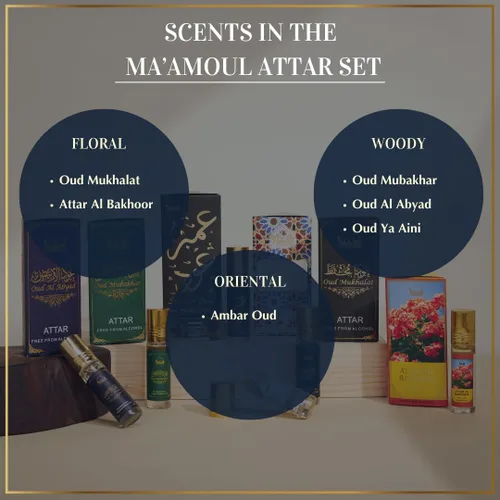 Vista 3 de Oud Bakhoor - Caja variada con quemador y aceite Ma'amoul Attar Set - 6 botellas x 0.2 fl oz