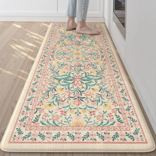 Vista 11 de Collive Tapete Anti Fatiga para Piso de Cocina, Tapetes de Cocina con Diseño Floral Primaveral para Piso Juego de 2, Alfombras para Fregadero Beige
