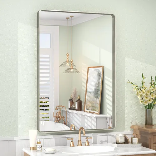 Vista 62 de Espejo rectangular para pared de baño de 20x30 pulgadas con marco negro mate, espejo de tocador con esquinas redondeadas, espejo de baño de metal
