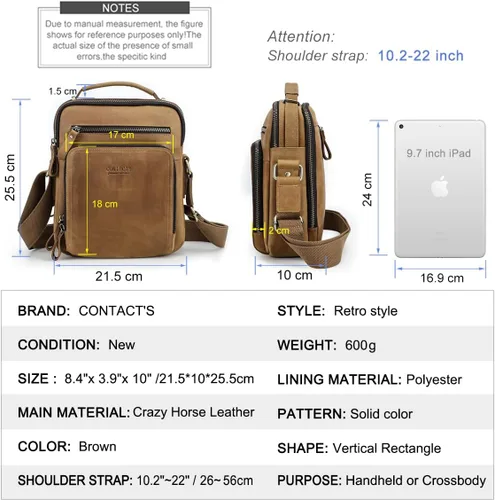 Vista 4 de CONTACTS Bolso de mensajero de cuero para hombre, bolso de mensajero, bolso cruzado de cuero genuino para el hombro 9.7 pulgadas, bolsa para iPad