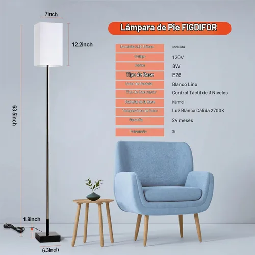 Vista 5 de Lámpara de pie moderna para sala de estar, lámpara de pie alta negra con pantalla cuadrada de lino, interruptor de cadena y base de metal estable