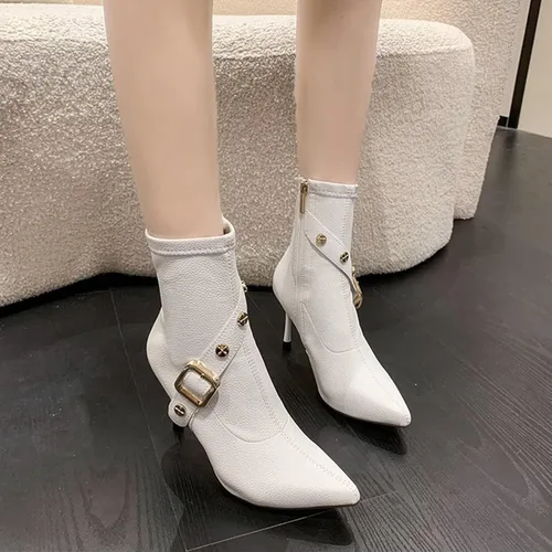 Vista 2 de Botas de tobillo para mujer, de moda, punta puntiaguda, botas de aguja de negocios, casuales, de tacón alto, con cremallera lateral, botines