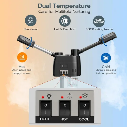 Vista 2 de Paddie Vaporizador facial profesional 3 en 1 sobre ruedas para esteticista, niebla fría y caliente, lámpara de aumento LED 5X, color negro