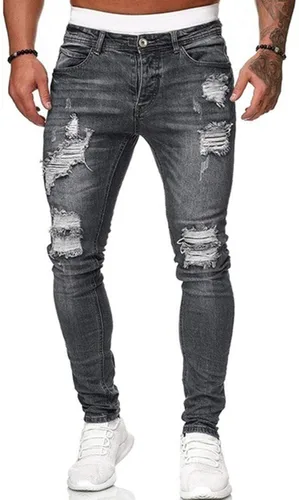 Vista 2 de PETCDIM Jeggings elásticos destruidos para hombre, ajustados, rasgados, diseño de moda, ropa de calle, pantalones de mezclilla rectos desgastados
