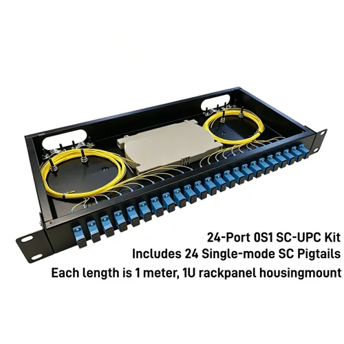 Vista 2 de Caja de montaje en rack SC de 24 puertos + bandejas de empalme de cables de fibra Kit SC-UPC monomodo