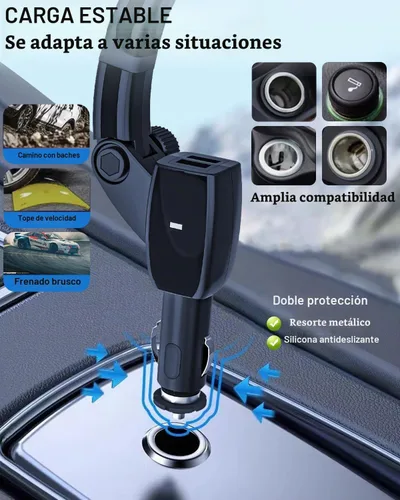Vista 5 de Cargador de teléfono para encendedor de cigarrillos [carga rápida USB dual] Soporte de teléfono con brazo ajustable, cargador de teléfono