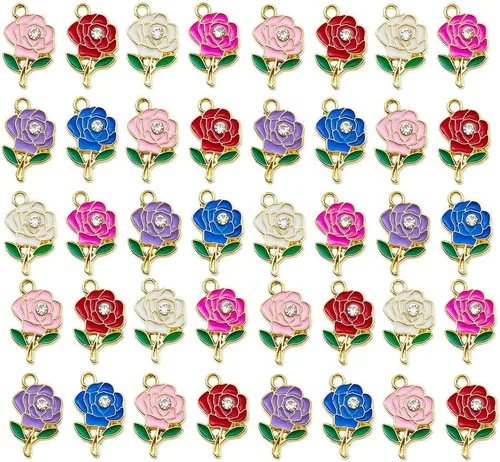 Vista 13 de WOCRAFT 24 dijes de pulsera de corazón de amor para hacer joyas, San Valentín, boda, rosa, flor, para bricolaje, collares, llaveros y suministros