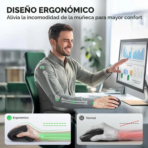 Vista 7 de TECKNET Jiggler Ratón ergonómico, mouse vertical inalámbrico Bluetooth de 4800 DPI con 6 niveles de DPI ajustables, 2.4 GHz (USB A y C), mouse