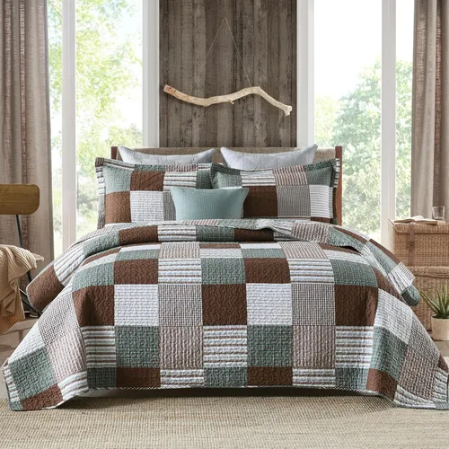 Vista 12 de Y-PLWOMEN Colchas 100% algodón tamaño Queen Farmhouse Plaid 3 piezas ropa de cama Azul y marrón