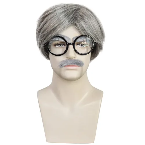 Vista 2 de Anogol Juego de 4 gorras de pelo para hombre viejo, para 100 días de escuela, disfraz de abuelo, peluca corta gris para Halloween, cosplay, fiesta