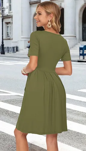 Vista 6 de AUSELILY - Minivestido de manga corta para mujer, plisado, con volantes, acampanado, con botón