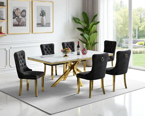 Vista 16 de Juego de mesa de comedor de mármol para 6, mesa de cocina rectangular de mármol blanco de 68 pulgadas con patas en X de acero inoxidable dorado