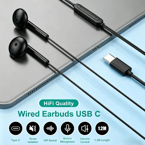 Vista 3 de Auriculares USB C para iPhone 17 16 15, auriculares con cable USBC para iPad Pro Air Mini, iPad 10th, MacBook, auriculares tipo C para Samsung
