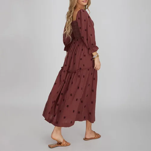 Vista 8 de Vestido largo bordado floral para mujer, manga larga abombada, cuello cuadrado, fruncido y escalonado, vestido largo bohemio fluido