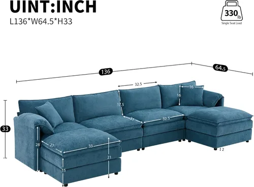 Vista 72 de Moderno sofá modular en forma de U con almohadas para la cintura, sofá cama con diván, sofá tapizado simétrico de felpilla de 6 asientos para sala