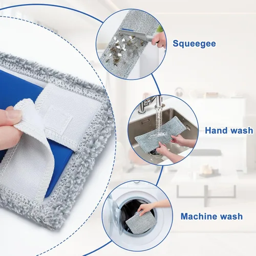 Vista 5 de Trapeadores planos de microfibra para limpieza de suelos con 4 almohadillas lavables para mopa de 57 pulgadas de mango largo, mopas húmedas y secas