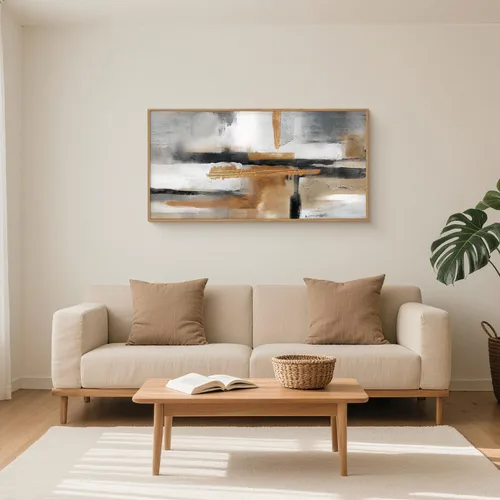 Vista 15 de Celestdeco Juego de arte de pared en lienzo abstracto y neutro grande con marco naranja, moderno y minimalista para pared, diseño geométrico bohemio