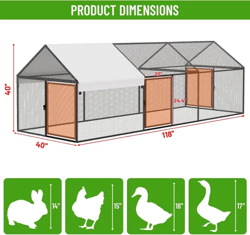 Vista 2 de NUGRIART Gallinero de metal con cubierta impermeable, jaula portátil de 118 x 40 x 40 pulgadas, para gallineros y gallineros para pollos, patos