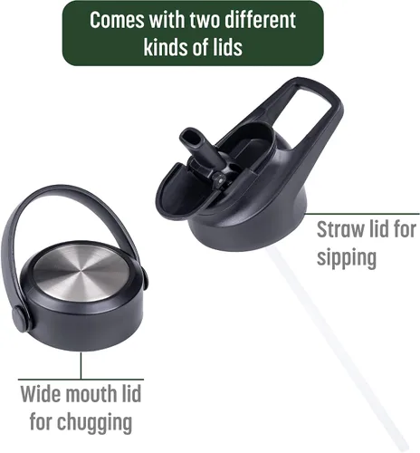 Vista 4 de Goodful Botella de agua de doble pared sellada al vacío, aislada con dos tapas intercambiables, tapas para beber o tragar, a prueba de fugas, boca