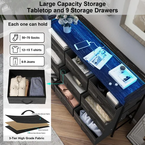 Vista 8 de EXOTICA Cómoda negra con estación de carga, 9 cajones con luz LED y puertos USB, cómoda de tela para dormitorio, pasillo, entrada, armarios, marco