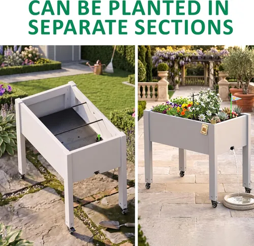 Vista 8 de PatioZen Raised Garden Bed with Legs, Raised Planter Box with Lockable Wheels &Self-Watering, Drainage Plug for Vegetables Flowers, Rustproof Resin