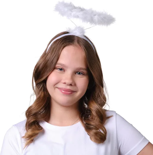 Vista 6 de Funcredible Diadema con halo de ángel blanco, halo emplumado, diadema de Halloween, accesorio de disfraz de ángel, para mujeres, hombres y niños