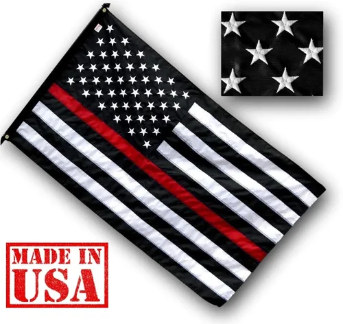 Vista 2 de US Flag Factory - Bandera estadounidense de línea roja fina de 3 x 5 pies (estrellas bordadas, rayas cosidas) para bomberos - SolarMax Nylon Outdoor