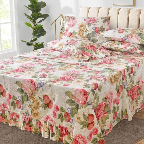 Vista 10 de ABREEZE Juego de sábanas con estampado floral beige, juego de ropa de cama bohemio, juego de ropa de cama de lujo de 4 piezas, medallón de damasco