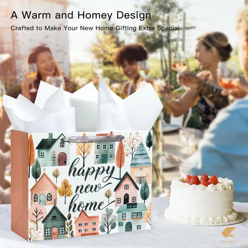 Vista 7 de WRAPAHOLIC Bolsa de regalo de 13 pulgadas con tarjeta y papel de seda, bolsas de papel de diseño Greeny House para inauguración de la casa, regalo