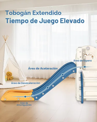 Vista 7 de BIERUM Tobogán para niños, juego de 6 en 1 para interiores y exteriores con aro de baloncesto, juego de golf y telescopio, juego de tobogán y Azul