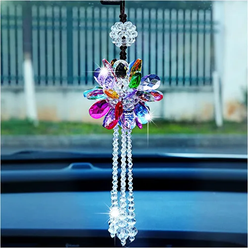 Vista 8 de Colgante de espejo retrovisor para automóvil, adorno colgante de cristal brillante, accesorios de automóvil de moda, decoración colgante de espejo