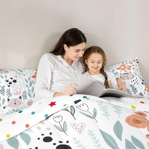 Vista 6 de Juego de ropa de cama tamaño individual para niñas y niños, juego de edredón de dibujos animados de animales y gatos, decoración de habitación