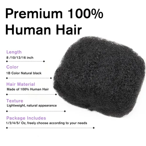 Vista 2 de Cabello humano afro ajustado a granel para extensiones de rastas, 100% cabello humano, 4.23 onzas, 4 paquetes de 10 pulgadas de largo, negro natural