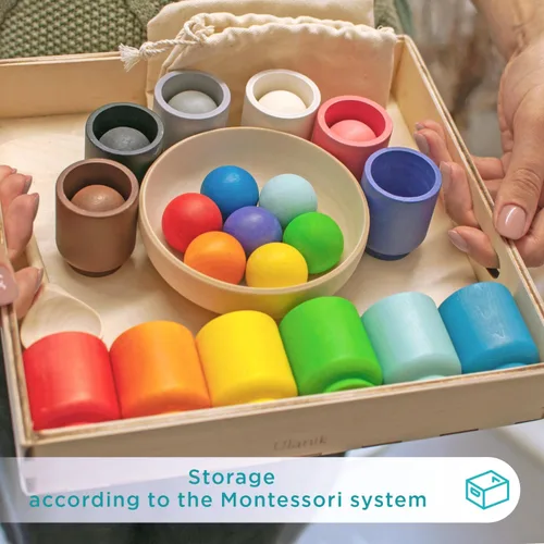 Vista 6 de Ulanik Pelotas en tazas Montessori Juguetes para niños de 1 año + niños preescolares juegos de madera a juego para aprender clasificación