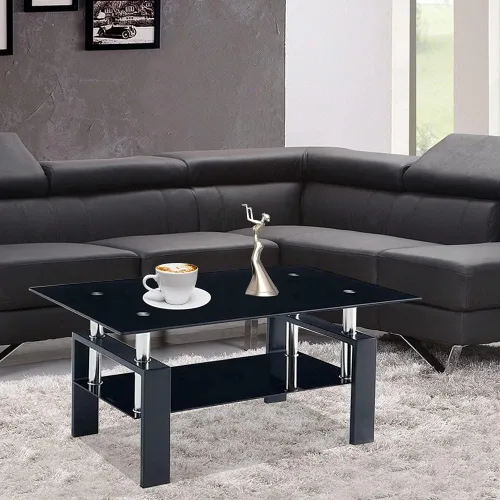 Vista 10 de Mesa de centro rectangular de cristal, moderna mesa de centro lateral con estante inferior, patas de madera para muebles de sala de estar (negro)