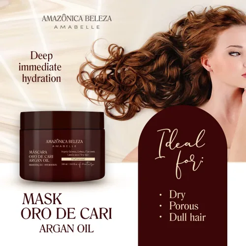 Vista 2 de AMAZONICA BELEZA Oro de Cari - Mascarilla para el cabello, hidratación intensiva para cabello seco con aceite de argán y vitamina E, línea