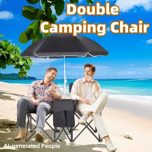 Vista 6 de Double Camping Chair with Canopy, with Cup Holder and Side Storage Pockets, for Beach, Camping and Fishing (Black)