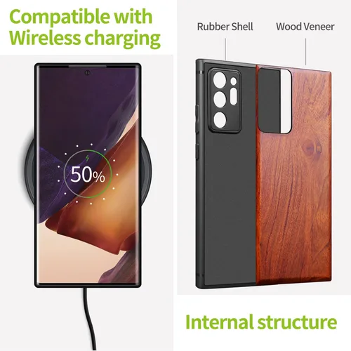 Vista 5 de Carveit Funda de madera para Galaxy Note20 Ultra [madera real dura y TPU suave negro] funda protectora única y elegante de madera compatible