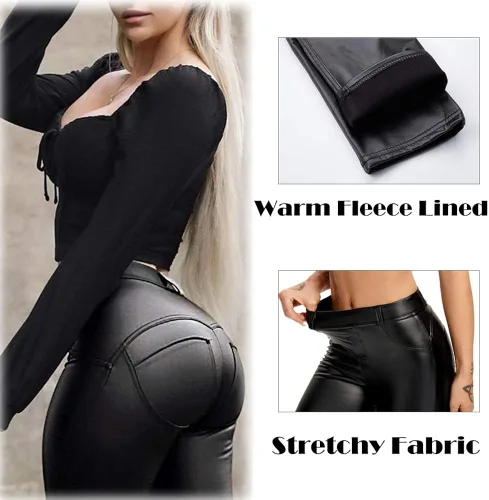 Vista 3 de SEASUM Leggings de piel sintética para mujer elásticos de cintura alta levantamiento de glúteos color negro pantalones de piel sintética sexy