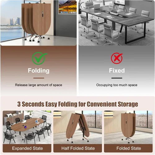 Vista 3 de 94.5" Folding Conference Table with Wheels,Mobile Training Table for Office Walnut